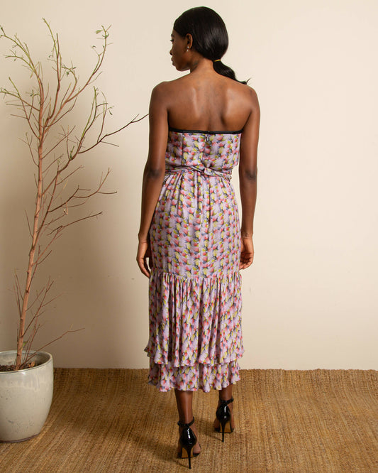 Printed strapless dress with belt
